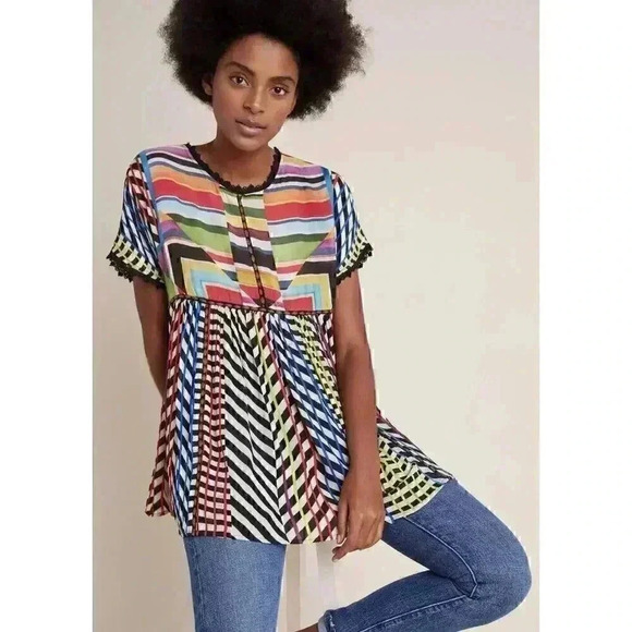 Anthropologie Short Sleeve Shirt Embroidered Flowy Tunic Top Colorful Boho Art - Picture 3 of 8